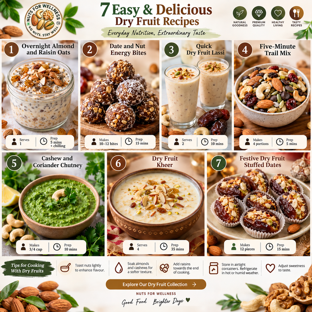 Nuts For Wellness 7 easy dry fruit recipes including almond raisin oats, date nut energy bites, dry fruit lassi, trail mix, cashew coriander chutney, dry fruit kheer and stuffed dates