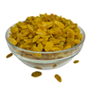 Nuts For Wellness Glass bowl filled with yellow raisins on a white background