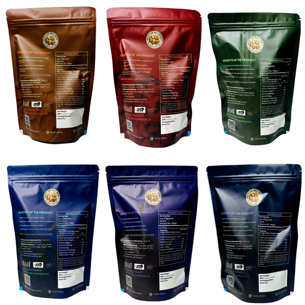 Nuts for wellness Six different colored dry fruits packages with visible branding on a white background 250g