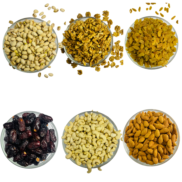 Nuts for wellness Six glass bowls filled with different types of nuts and seeds on a white background