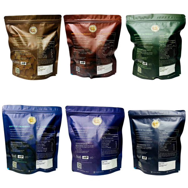 Nuts for wellness Set of six wellness combo pack packages 500g Six packages of a product with visible labels on a white background