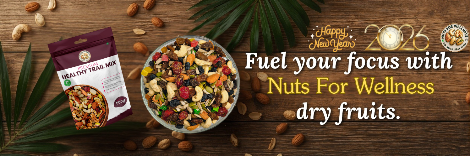 Promotional banner for nuts and dry fruits with text 'Happy New Year 2026' and 'Fuel your focus with Nuts For Wellness dry fruits'.