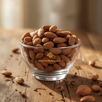A clear glass bowl labeled "NutsForWellness" is filled with Healthy Trail Mix, a wholesome snack, and sits on a rustic wooden table with mix scattered around. Sunlight softly illuminates the inviting scene.