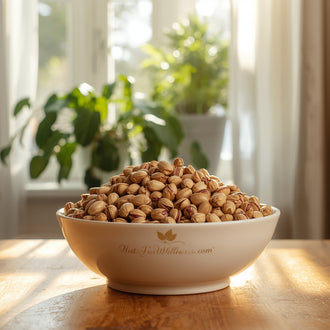 A large white bowl of NutsForWellness Roasted Salted Pistachios sits on a sunlit wooden table, with houseplants and a window softly blurred in the background—a perfect healthy snack setting.
