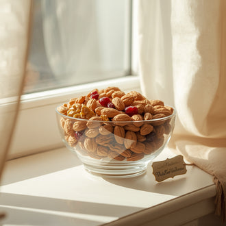 A glass bowl of NutsForWellness Mixed Dry Fruit Gift Pack, featuring unshelled walnuts and premium nuts with red berries, sits on a sunny windowsill by beige curtains. A small cursive card rests beside the bowl.