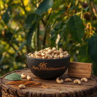 A black bowl labeled NutsForWellness overflows with Premium Whole Cashews on a woven surface outdoors. Cashews and a green leaf nearby highlight this heart-healthy snack, ideal for enjoying in nature’s greenery.