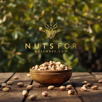A wooden bowl filled with Roasted Salted Pistachios by NutsForWellness sits outdoors on a table, surrounded by scattered pistachios and greenery in the background. The text NutsForWellness.com appears above the bowl.