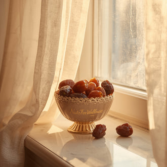A glass bowl of Medjool Dates from NutsForWellness sits on a sunlit windowsill amid sheer beige curtains, offering a healthy, natural energy boost.
