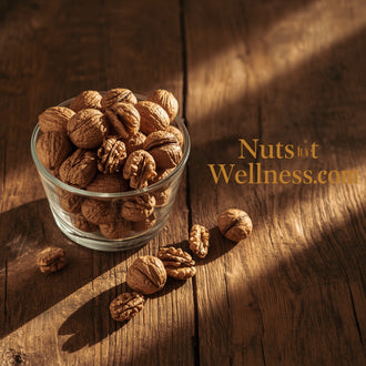 A glass bowl of Organic Walnuts by NutsForWellness rests on a wooden surface, with some nuts scattered nearby. Sunlight highlights these omega-3 rich brain foods. The text “NutsForWellness.com” appears beside the bowl.