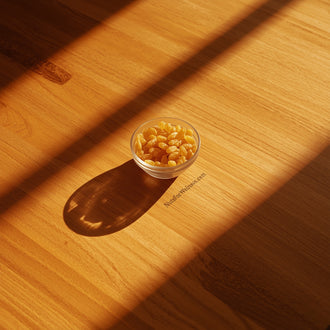 A small glass bowl with golden cornflakes and NutsForWellness Golden Raisins rests on a sunlit wooden table, casting a gentle shadow across the surface.