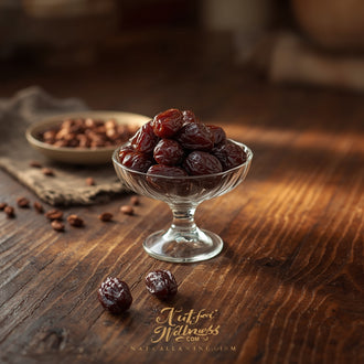 A glass dessert dish holds glossy NutsForWellness Medjool Dates on a wooden table, with a few dates scattered nearby and a bowl of pits in the background. Warm, natural light highlights this wholesome snack and natural energy booster.