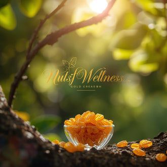 A clear glass bowl filled with orange candies and NutsForWellness Golden Raisins rests on a tree branch amid sunlight and green leaves. Elegant gold script spells