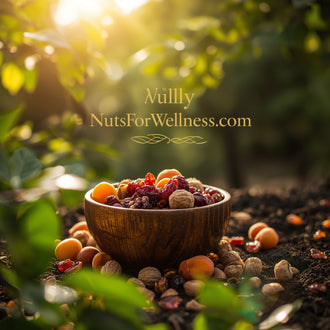 A Mixed Dry Fruit Gift Pack by NutsForWellness sits in a wooden bowl on soil among green plants with sunlight streaming through. Text: