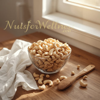 A glass bowl of NutsForWellness Premium Whole Cashews sits on a wooden table by the window, with a wooden spoon, scattered cashews, and a white cloth nearby. Enjoy this healthy snack! Visit NutsforWellness.com for more.