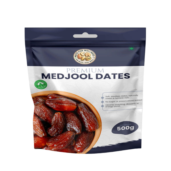 Packaging of premium Medjool dates with a brand logo on a gray background