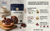 A promotional product graphic for Fssai Premium Medjool Dates. The left side shows a 100g dark blue pouch of the dates, a copper bowl filled with dates on a wooden board, and a white cup.
