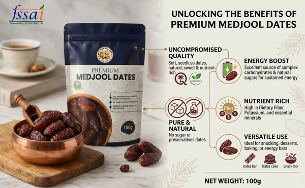 A promotional product graphic for Fssai Premium Medjool Dates. The left side shows a 100g dark blue pouch of the dates, a copper bowl filled with dates on a wooden board, and a white cup.