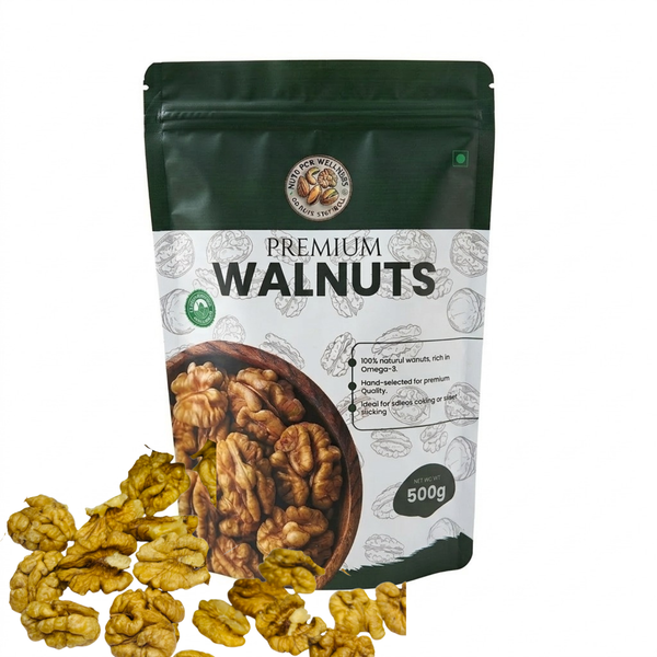 Nuts For Wellness Bag of premium walnuts 500g with a white backgroundr