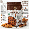 Premium almonds packaging with nutritional information and health benefits on a white background