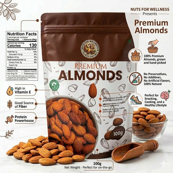 Premium almonds packaging with nutritional information and health benefits on a white background
