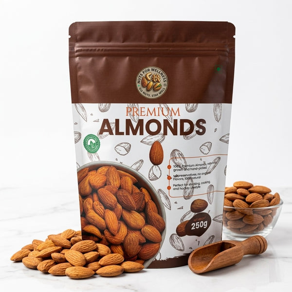 Nuts For Wellness Bag of premium almonds with a bowl of almonds on a white background