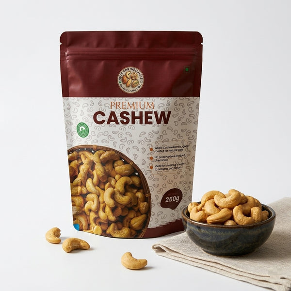 Nuts For Wellness Cashew 250g Bag of premium cashews with a bowl of cashews on a light background