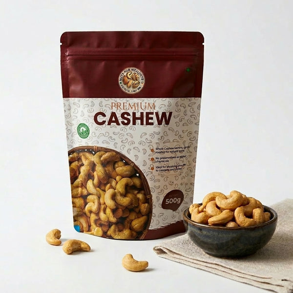Nuts For Wellness Cashew 500g Bag of premium cashews with a bowl of cashews on a white background
