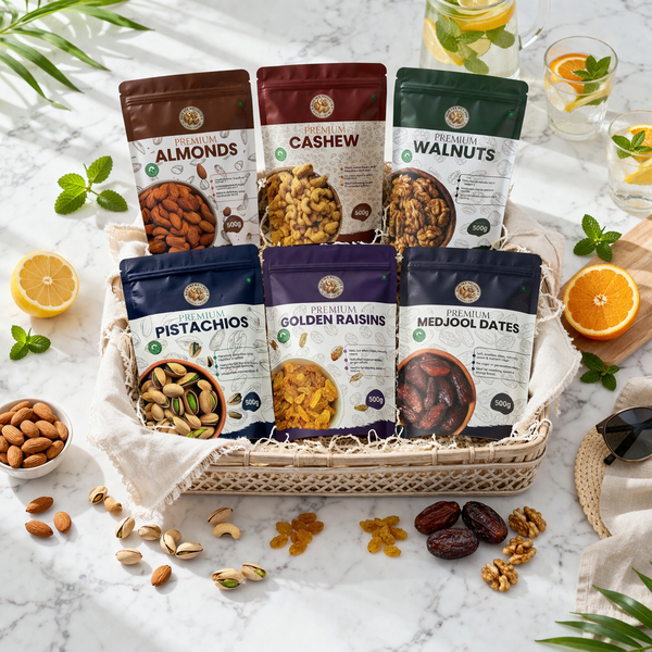 Nuts for wellness Basket of assorted nut and seed packages on a marble surface with lemons and oranges.