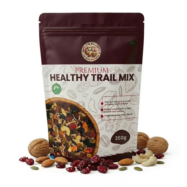 Nuts For WellnessPremium healthy trail mix 250g package with nuts and dried fruits on a white background