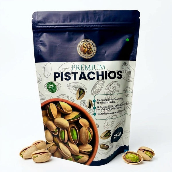 Nuts For Wellness Pouch of premium pistachios 250g with brand logo on a white background