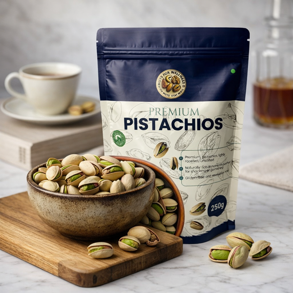 Nuts For Wellness Bag of premium pistachios with a bowl of pistachios 500g on a wooden board, next to a cup of coffee.