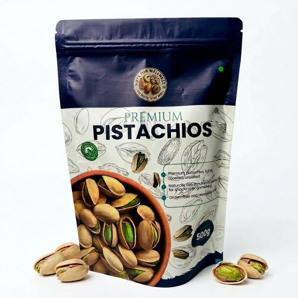 Nuts For Wellness Pouch of premium pistachios 500g with brand logo on a white background