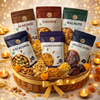 Nuts For wellness Basket of assorted dry fruits with packaging labels on a decorative background with lights and candles.