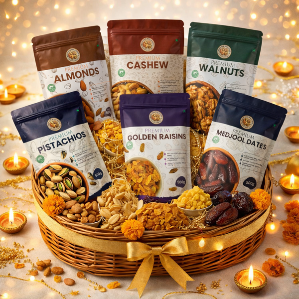 Nuts For wellness Basket of assorted dry fruits with packaging labels on a decorative background with lights and candles.