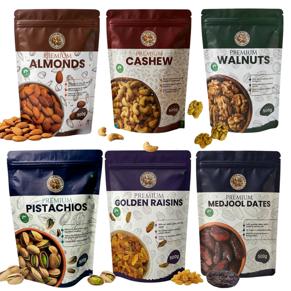 Nuts for wellness Set of six wellness combo pack packages 500g of different nuts and dried fruits with visible contents.