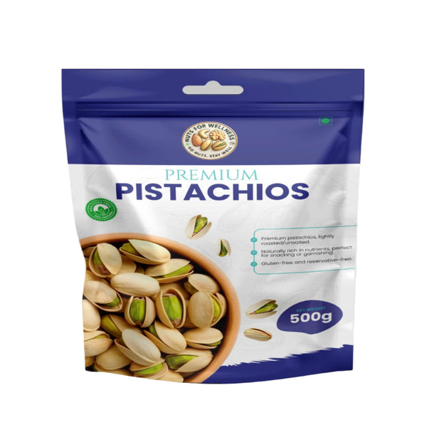 Packaging of premium pistachios with a blue and white design on a gray background
