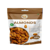 Package of premium almonds with a brand logo on a gray background