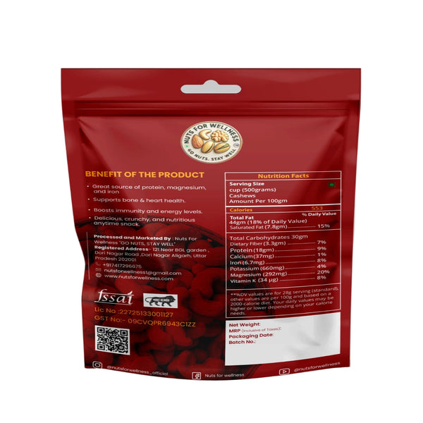 Nuts For Wellness Red packaging with nutritional information and branding on a gray background
