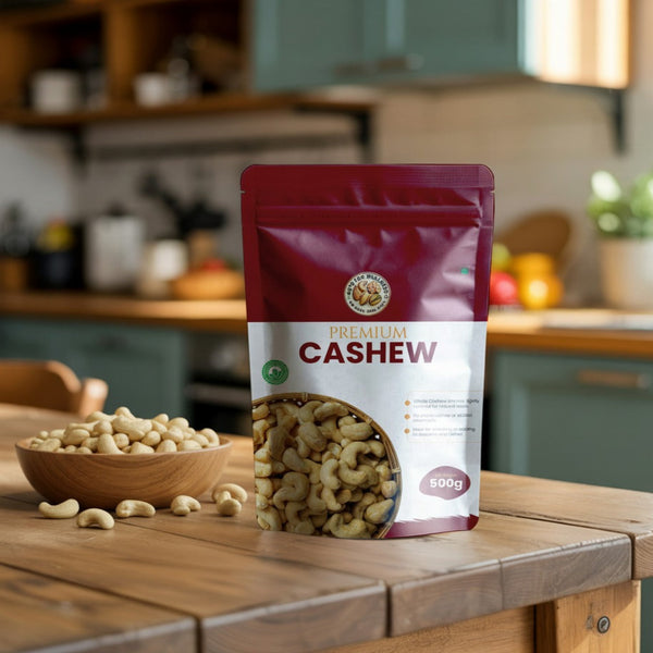 Bag of premium cashews on a kitchen counter with a bowl of cashews.