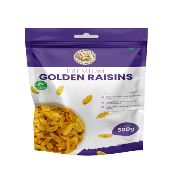 Packaging of premium golden raisins with a purple and white design.