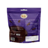 Purple pet food packaging with brand logo and nutritional information on a gray background
