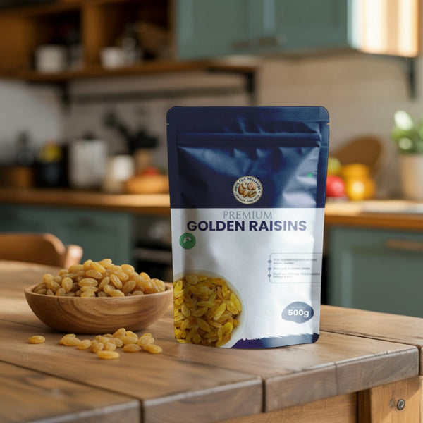 Nuts For Wellness Bag of premium golden raisins on a kitchen counter with a bowl of raisins.