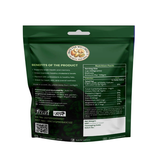 Nuts for Wellness Green product packaging with text and QR code on a gray background