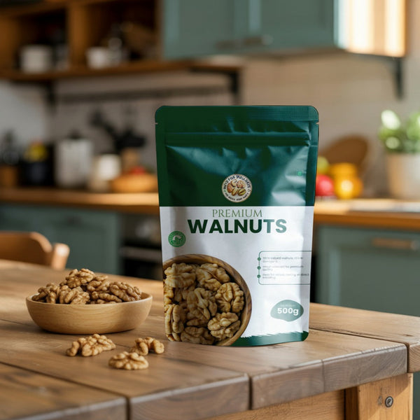 Nuts for Wellness Bag of premium walnuts on a kitchen counter with walnuts in a bowl.