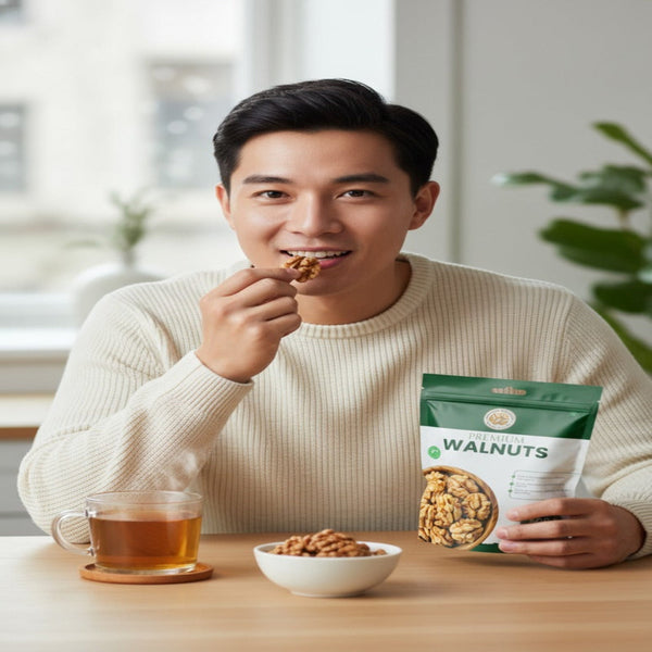 Man eating walnuts from a package with a bowl and cup of tea on a table.