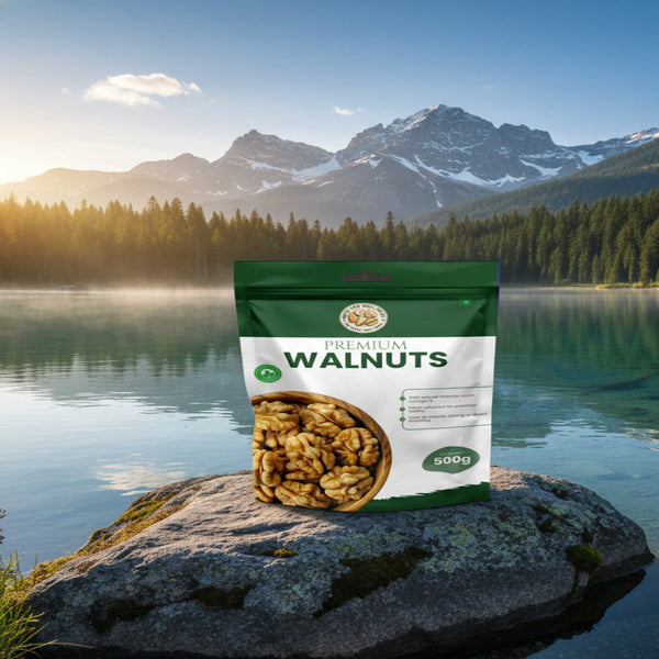 Bag of walnuts on a rock with a scenic mountain and lake background