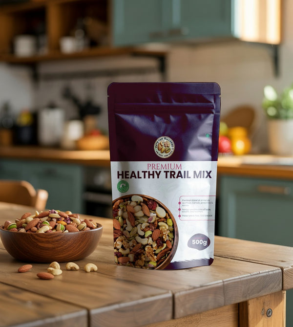 Nuts For Wellness Bag of premium healthy trail mix on a kitchen counter with a bowl of trail mix.