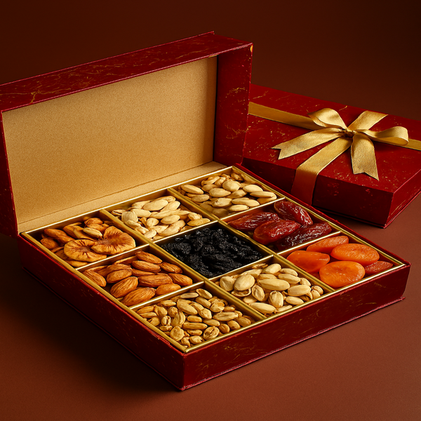Open red gift box with a gold bow containing various dried fruits and nuts on a brown background.