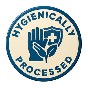 Circular logo with 'Hygienically Processed' text and hand design on a beige background