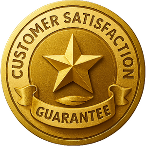 Gold emblem with a star and 'Customer Satisfaction Guarantee' text on a beige background